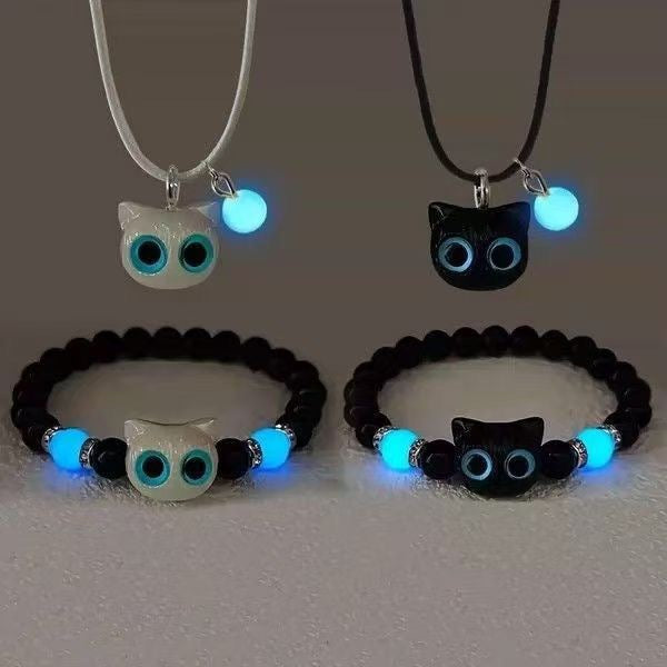 Luminous Cat Charm Bracelet Necklace Set