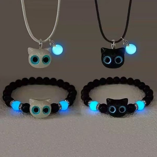 Luminous Cat Charm Bracelet Necklace Set