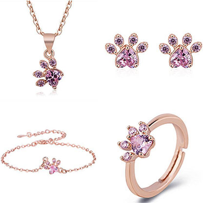 Cat Paw Heart-Shaped Necklace, Stud Earrings, Bracelet, and Ring